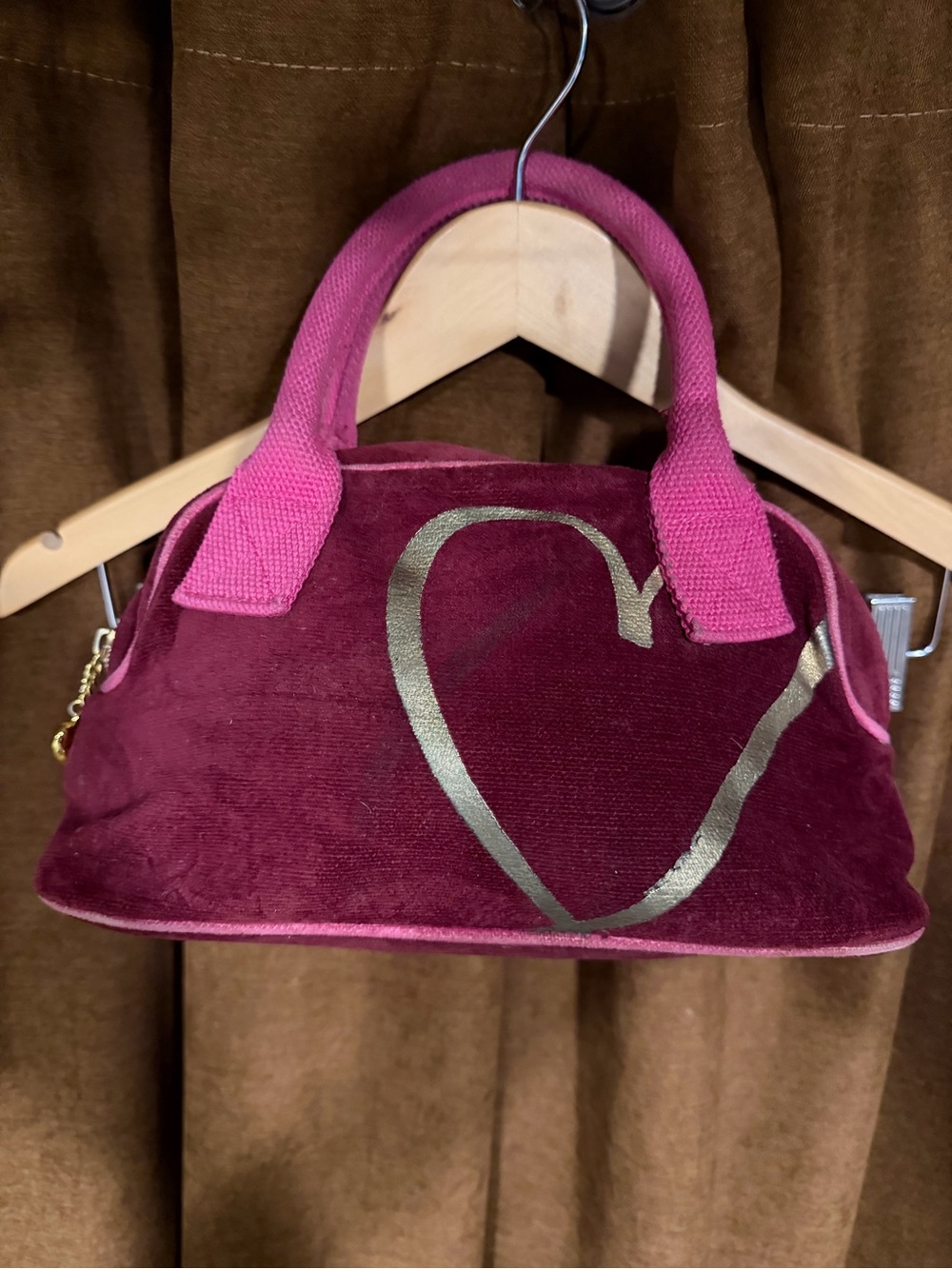 Y2K victorias Secret Burgundy Velvet Mini Satchel with Pink Handles  Gold Heart